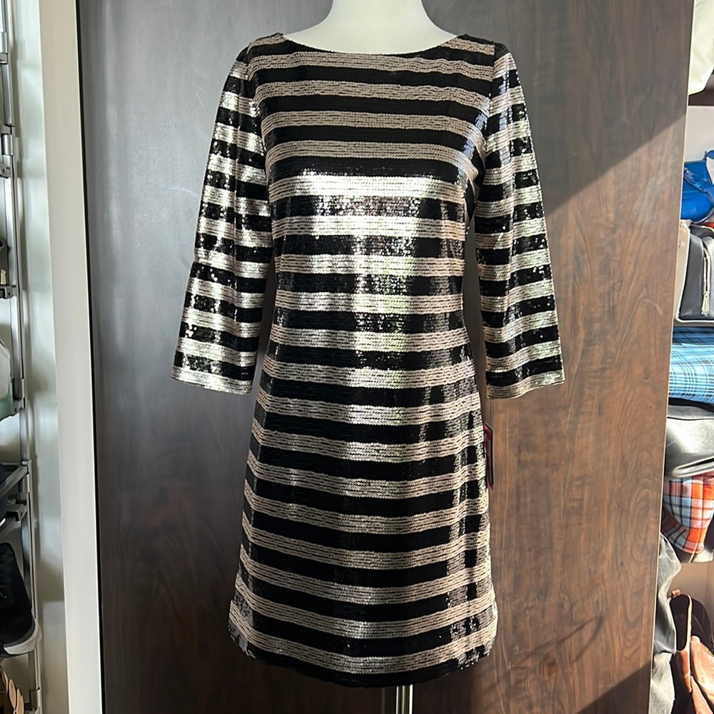 NWT Vince Camuto black & rose gold striped dress